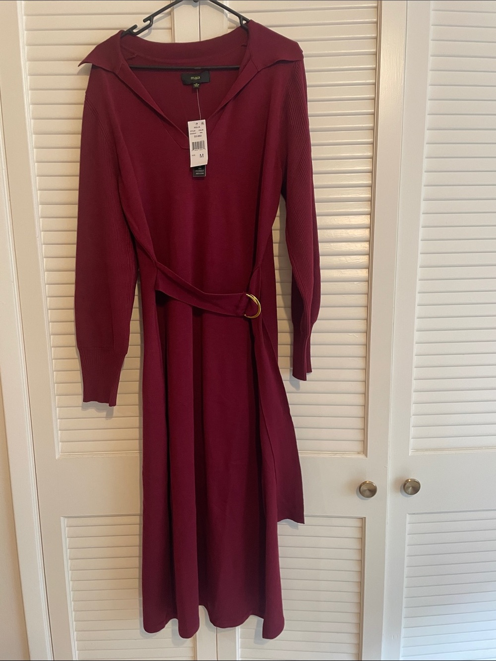 Maia Wine Knit Belted Long-Sleeve Dress